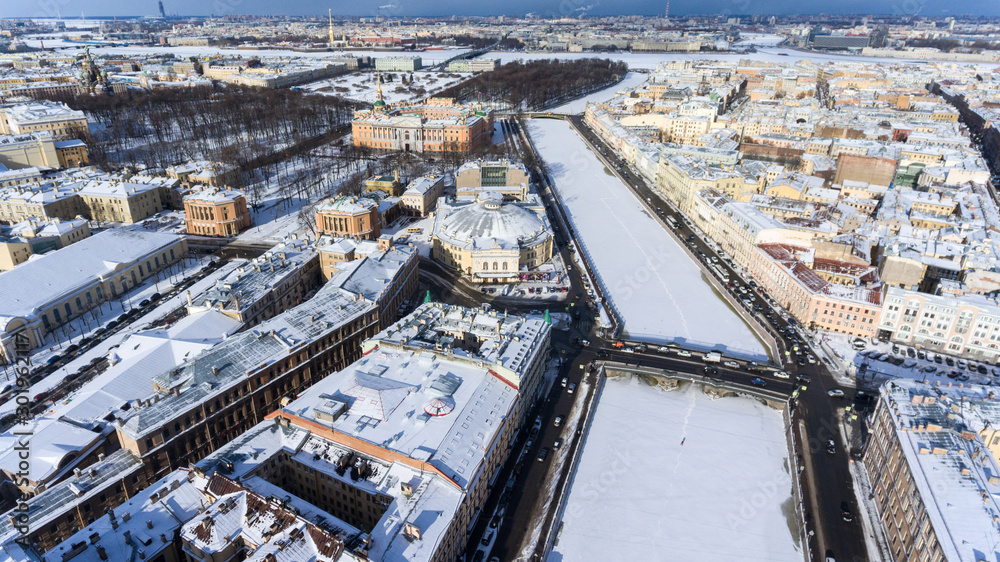 Historic centre of Saint-Petersburg with Circus building and Mikhailovsky castle. Aerial view above the Fontanka river. Winter is in Russia