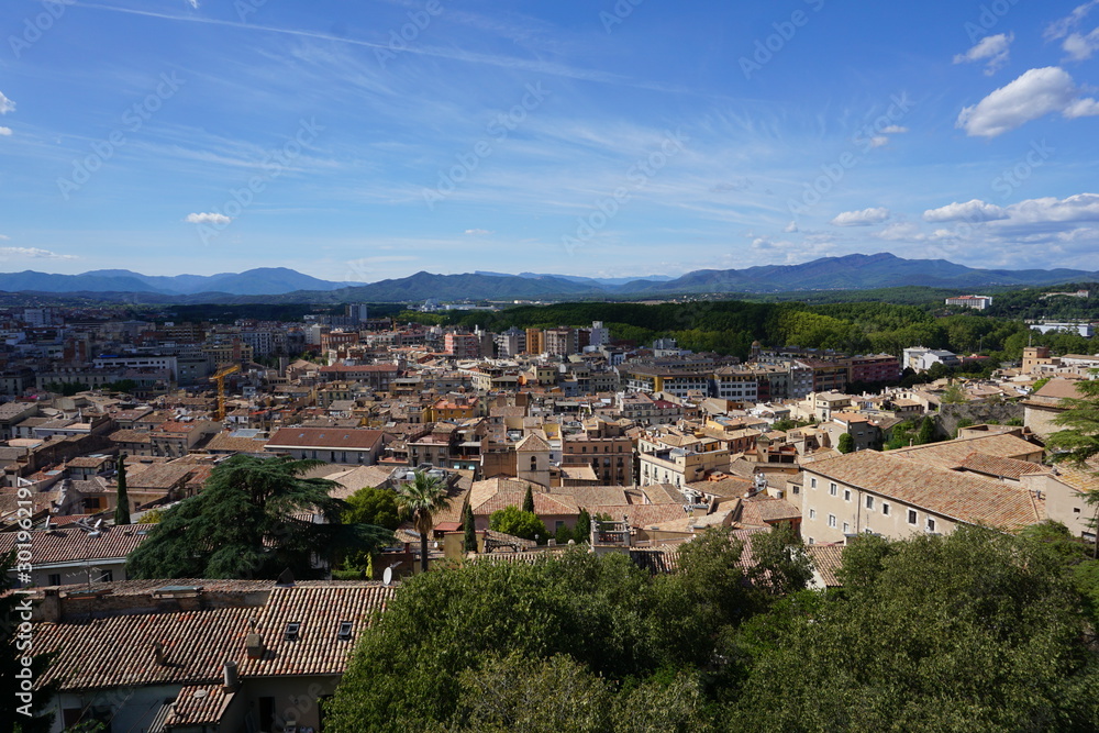 Girona view from the top, amazing landscape with Pyrenees in the background.