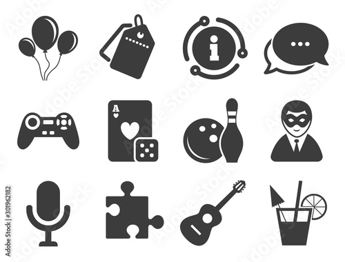 Entertainment signs. Discount offer tag, chat, info icon. Game, bowling and puzzle icons. Casino, carnival and alcohol cocktail symbols. Classic style signs set. Vector