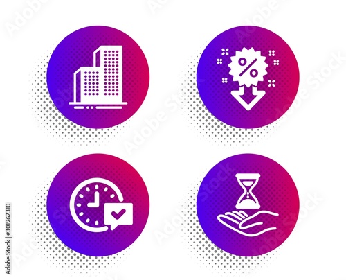Skyscraper buildings, Select alarm and Discount icons simple set. Halftone dots button. Time hourglass sign. Town architecture, Time symbol, Sale shopping. Sand watch. Business set. Vector