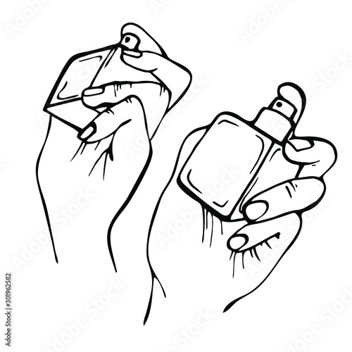  Freehand linear ink hands spraying perfume. Sketch  hand drawn Perfume bottle