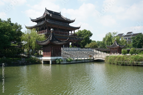 Suzhou,China-September 17, 2019: A pond and a garden in Nan Men, Suzhou, China