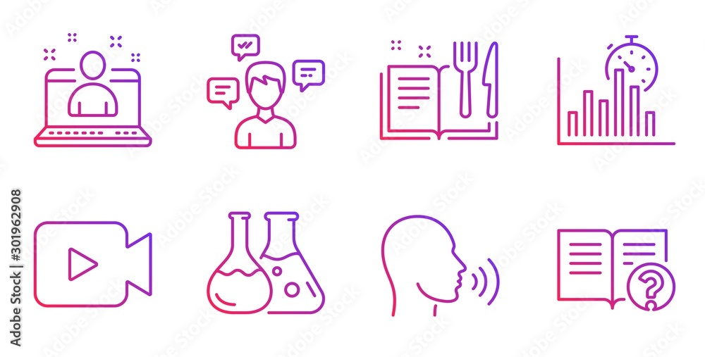Report timer, Recipe book and Human sing line icons set. Conversation messages, Chemistry lab and Video camera signs. Best manager, Help symbols. Growth chart, Food. Education set. Vector Report timer, Recipe book and Human sing line icons set. Conversation messages, Chemistry lab and Video camera signs. Best manager, Help symbols. Growth chart, Food. Education set. Vector
