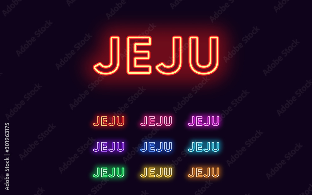 Neon Jeju name, City in South Korea. Neon text of Jeju city. Vector set of glowing Headlines Neon Jeju name, City in South Korea. Neon text of Jeju city. Vector set of glowing Headlines