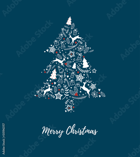 Hand drawn christmas doodles in tree shape - template for christmas cards or invitations