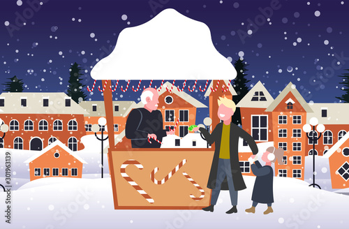 father with daughter buying lollipop candy in sweetmeats stall christmas market winter fair concept happy new year merry xmas holidays night cityscape background full length sketch horizontal vector