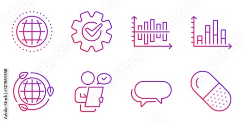 Cogwheel, Diagram graph and Diagram chart line icons set. Customer survey, Messenger and Globe signs. Eco energy, Capsule pill symbols. Engineering tool, Presentation chart. Business set. Vector