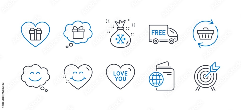 Set of Holidays icons, such as Refresh cart, Smile chat, Romantic gift, Free delivery, Santa sack, Travel passport, Love you, Smile face, Gift dream, Archery line icons. Line refresh cart icon. Vector