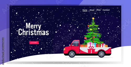 red pickup car with fir tree and gift present boxes merry christmas happy new year winter holidays concept snowfall background horizontal copy space vector illustration