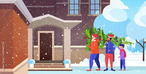 multi generation family carrying freshly cut down christmas tree merry xmas happy new year holidays concept grandfather father and son near house horizontal full length vector illustration