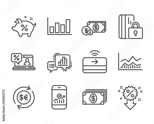 Set of Finance icons, such as Contactless payment, Report diagram, Banking, Dollar money, Blocked card, Discount, Online loan, Money currency, Graph chart, Trade infochart, Loan percent. Vector