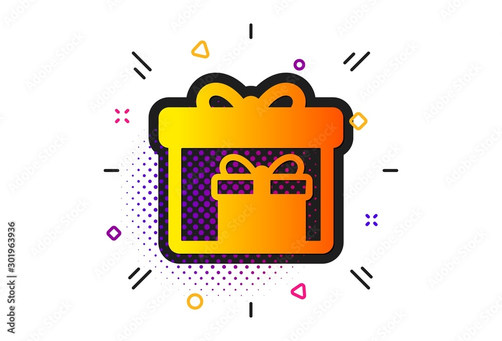 Naklejka premium Present or Sale sign. Halftone circles pattern. Gift boxes icon. Birthday Shopping symbol. Package in Gift Wrap. Classic flat delivery boxes icon. Vector