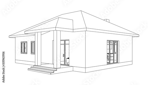 Modern building perspective 3D. Drawing of the suburban house. Outlines cottage on white background. House 3D model perspective vector. Cottage blueprint. EPS 10. 