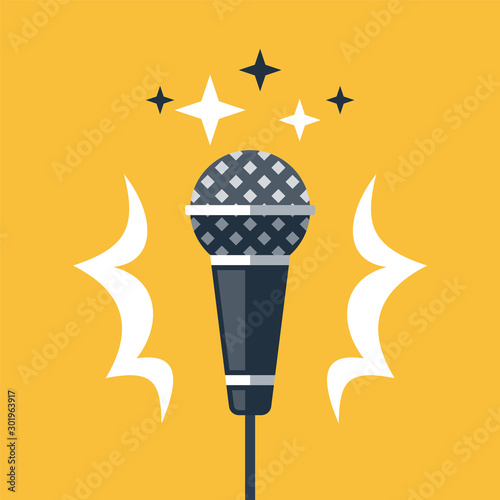 Dynamic microphone, open mic comedy stand up, master of ceremonies or emcee, talk show, podcast or broadcast