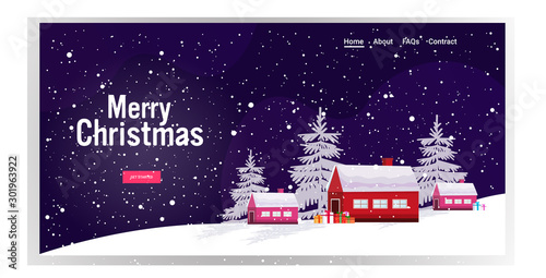 christmas winter countryside landscape with houses in pine forest postcard merry xmas happy new year holidays concept greeting card horizontal vector illustration