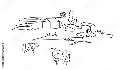 Rural landscape drawn in one line. Cows graze on the meadow.