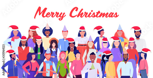 mix race people in santa claus hats standing together glasses merry christmas happy new year winter holidays corporate party celebration concept greeting card portrait horizontal vector illustration