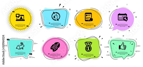 Refresh like, Like hand and Best rank line icons set. Chat bubbles with quotes. Animal tested, Friends chat and Spanner signs. Pecan nut, Internet report symbols. Thumbs up counter, Thumbs up. Vector