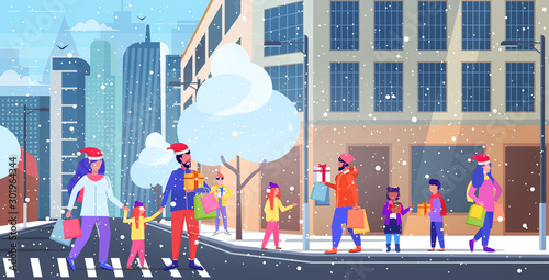 people carrying shopping bags and gift present boxes christmas new year holidays concept men women walking city street winter snowfall cityscape background full length sketch horizontal vector