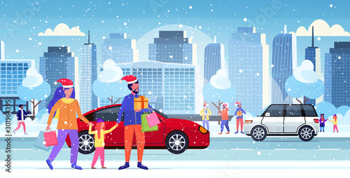 family in santa hats carrying shopping bags and gift present box christmas new year holidays concept parents with child walking outdoor winter cityscape background full length sketch horizontal vector