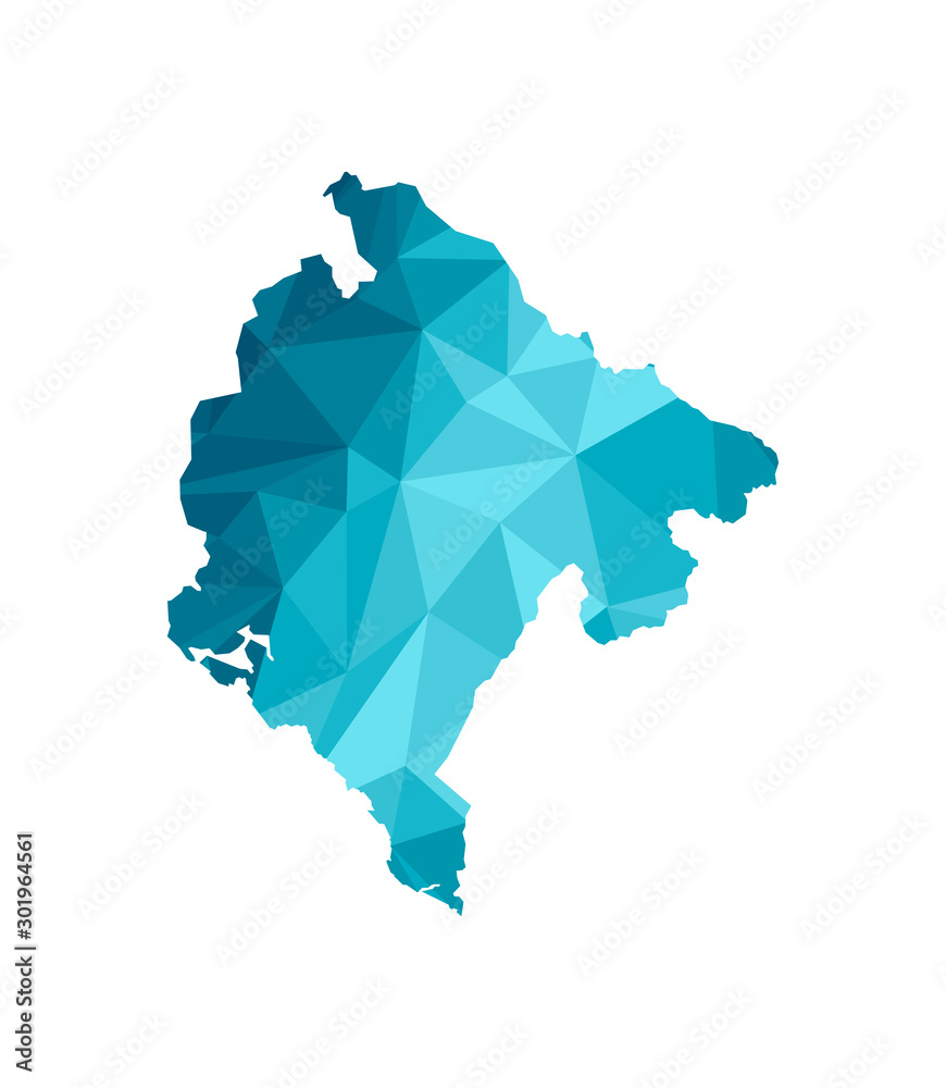 Obraz premium Vector isolated illustration icon with simplified blue silhouette of Montenegro map. Polygonal geometric style, triangular shapes. White background
