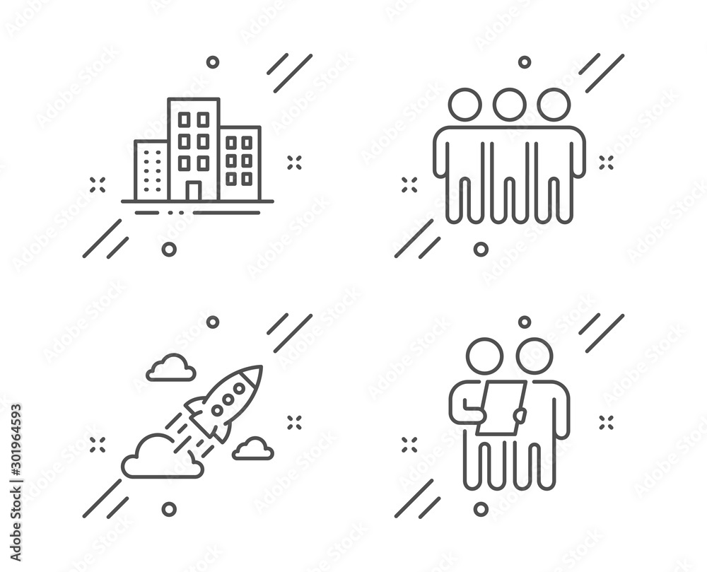 Friendship, Startup rocket and Buildings line icons set. Survey sign. Trust friends, Business innovation, Town apartments. Contract. Business set. Line friendship outline icon. Vector