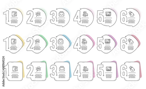 Mail, Survey results and Phone communication line icons set. Infographic timeline. Idea, Flash memory and Accounting report signs. New messages, Best answer, Incoming and outgoing calls. Vector