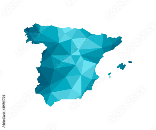 Vector isolated illustration icon with simplified blue silhouette of Kingdom of Spain map. Polygonal geometric style, triangular shapes. White background