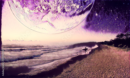 Surfer walking on the beach of alien planet - digital  artwork. Elements of this image furnished by NASA