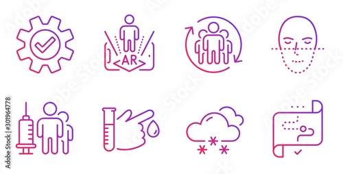 Service, Face recognition and Teamwork line icons set. Snow weather, Blood donation and Medical vaccination signs. Augmented reality, Target path symbols. Cogwheel gear, Faces biometrics. Vector