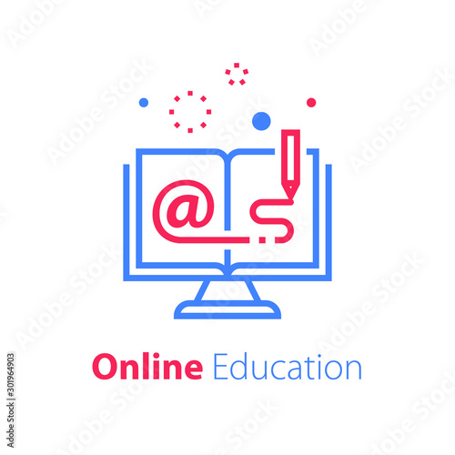 Online education, open book and computer monitor, internet resources, web library, distant learning