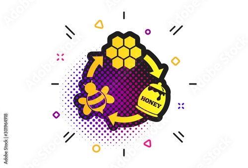 Producing honey and beeswax sign icon. Halftone dots pattern. Honeycomb cells symbol. Honey in pot. Sweet natural food cycle in nature. Classic flat honeycomb icon. Vector