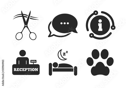 Fototapeta Naklejka Na Ścianę i Meble -  With pets allowed in room signs. Chat, info sign. Hotel services icons. Hairdresser or barbershop symbol. Reception registration table. Quiet sleep. Classic style speech bubble icon. Vector