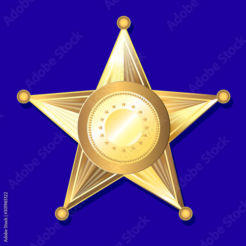 Vector illustration. Gold five-pointed star. Sheriff, police sign.