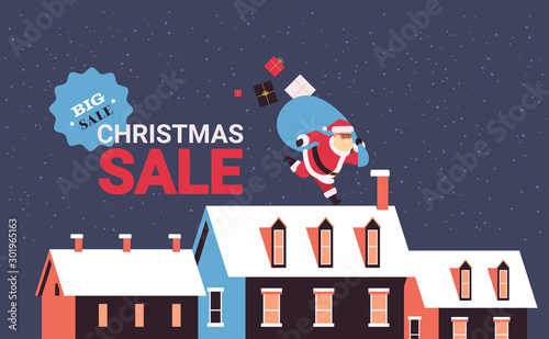 santa claus running with big sack on snowy houses roofs xmas or new year poster christmas sale concept flat full length horizontal vector illustration