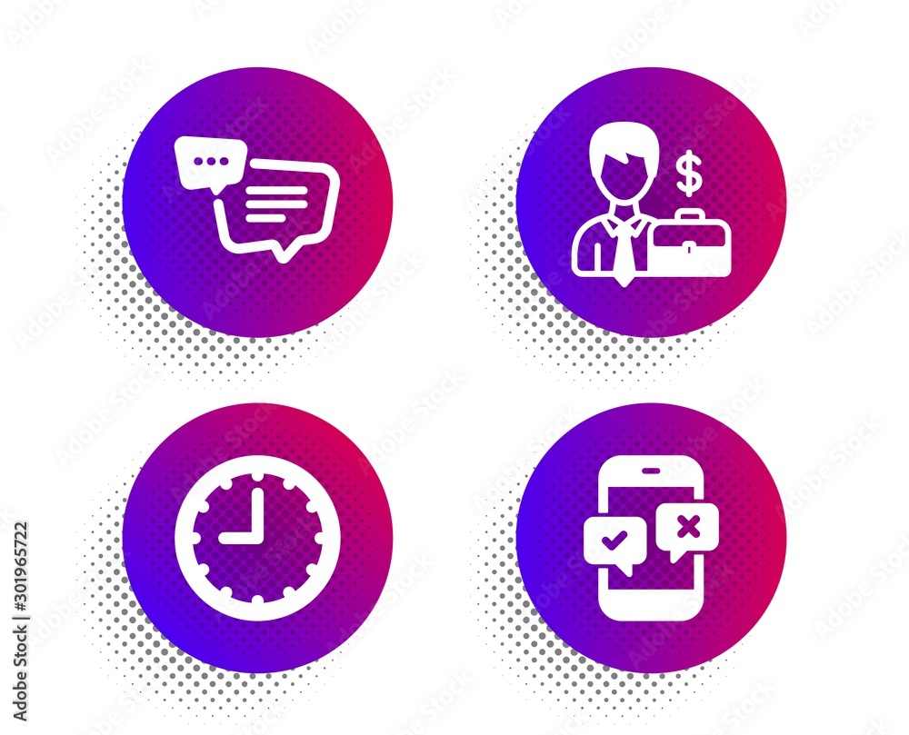Text message, Businessman case and Time icons simple set. Halftone dots button. Phone survey sign. Chat bubble, Human resources, Office clock. Mobile quiz test. Business set. Vector Text message, Businessman case and Time icons simple set. Halftone dots button. Phone survey sign. Chat bubble, Human resources, Office clock. Mobile quiz test. Business set. Vector