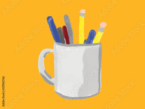 drawing of colourful crayons in a cup on a yellow background