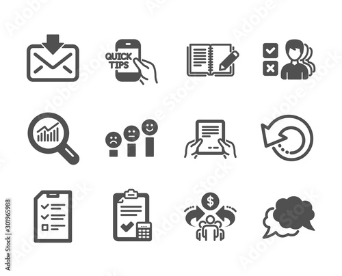 Set of Education icons, such as Sharing economy, Recovery data, Data analysis, Chat message, Education, Incoming mail, Accounting checklist, Feedback, Opinion, Customer satisfaction. Vector