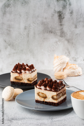 Obraz na płótnie Tiramisu - Classical dessert with mascarpone and coffee. Delicious Tiramisu cake on a darck plate on a light marble background. Vertical photo. w salonie