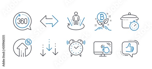Set of Technology icons, such as Boiling pan, Loan percent, Scroll down, Touch screen, Bitcoin project, Alarm clock, Sync, 360 degrees, Augmented reality, Like line icons. Vector