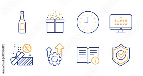 Seo gear, Beer and Technical info line icons set. Clock, Music making and Sale signs. Special offer, Confirmed symbols. Cogwheel, Pub alcohol. Business set. Line seo gear icon. Vector