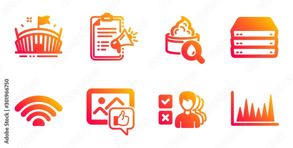 Wifi, Servers and Moisturizing cream line icons set. Like photo, Opinion and Megaphone checklist signs. Arena, Line graph symbols. Wi-fi internet, Big data. Business set. Vector Wifi, Servers and Moisturizing cream line icons set. Like photo, Opinion and Megaphone checklist signs. Arena, Line graph symbols. Wi-fi internet, Big data. Business set. Vector
