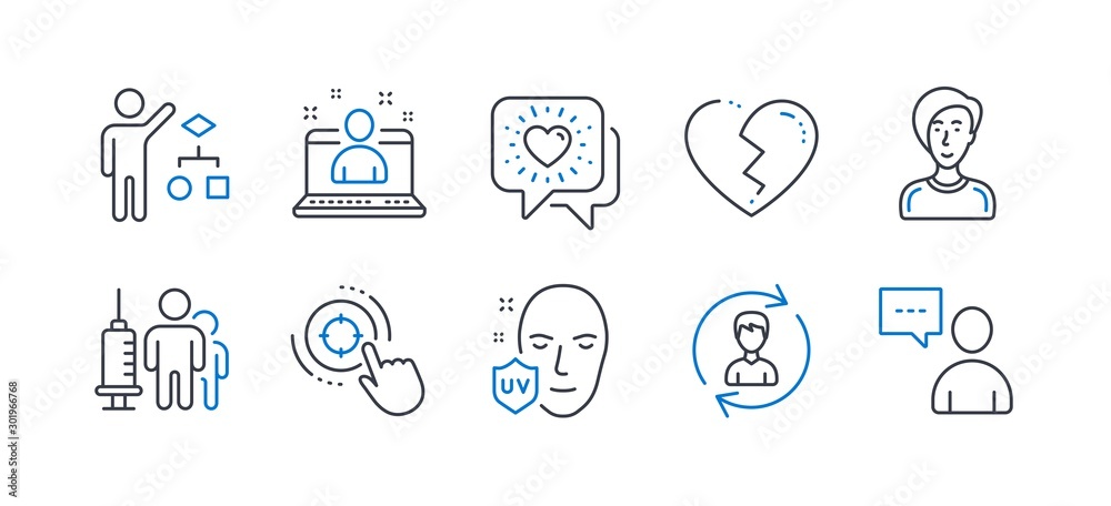 Set of People icons, such as Friends chat, Broken heart, Uv protection, Human resources, Medical vaccination, Best manager, Businesswoman person, Seo target, Algorithm, Users chat. Vector