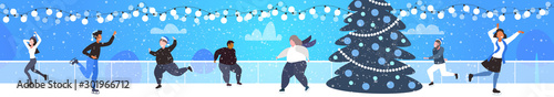 Mix race people at ice-skating outdoor rink