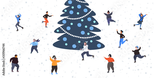 mix race people at ice-skating outdoor rink with decorated fir tree merry christmas new year holidays concept full length horizontal vector illustration