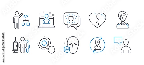 Set of People icons, such as Friends chat, Broken heart, Uv protection, Human resources, Medical vaccination, Best manager, Businesswoman person, Seo target, Algorithm, Users chat. Vector