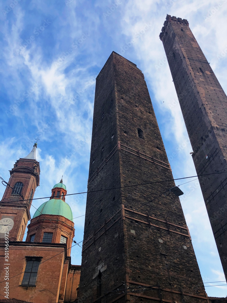 Two towers of Bologna, Italy. Torre degli Asinelli and the Torre Garisenda. 
