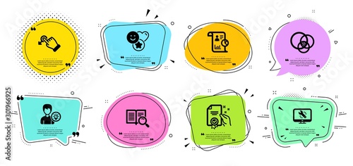 Report, Monitor repair and Certificate line icons set. Chat bubbles with quotes. Smile, Drag drop and Person idea signs. Euler diagram, Search text symbols. Work statistics, Computer service. Vector