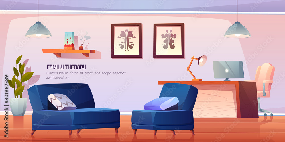Psychologist, psychotherapist office with stuff and furniture for