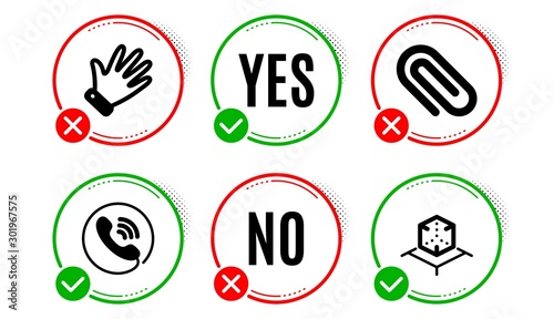 Paper clip, Hand and Call center icons simple set. Yes no check box. Augmented reality sign. Attach paperclip, Waving palm, Phone support. Virtual reality. Business set. Paper clip icon. Vector